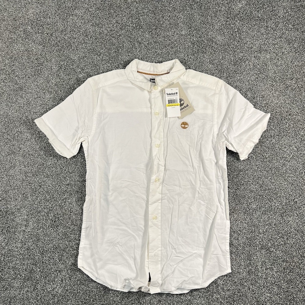Timberland Boys M 10-12 White Short Sleeve Button Up Shirt Logo TLSCB044-100 NWT